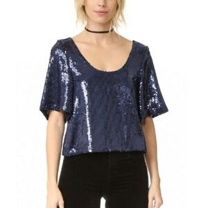 Free People Blue Sequin Crop Blouse Flutter Sleeves